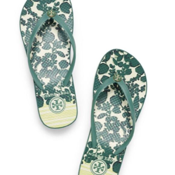 Tory Burch Green Leaf-print Rubber Flip-flops Sandals - Picture 14 of 14